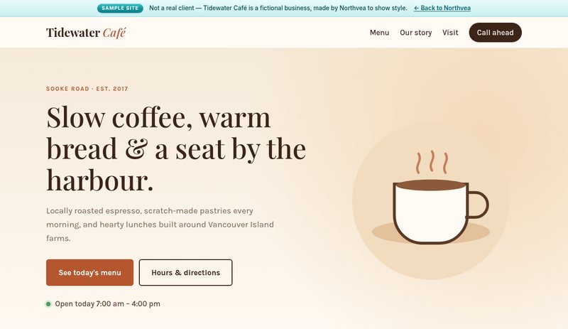 Screenshot of the Tidewater Café sample site