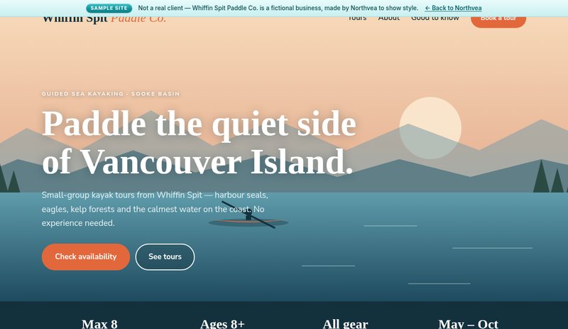 Screenshot of the Whiffin Spit Paddle Co. sample site